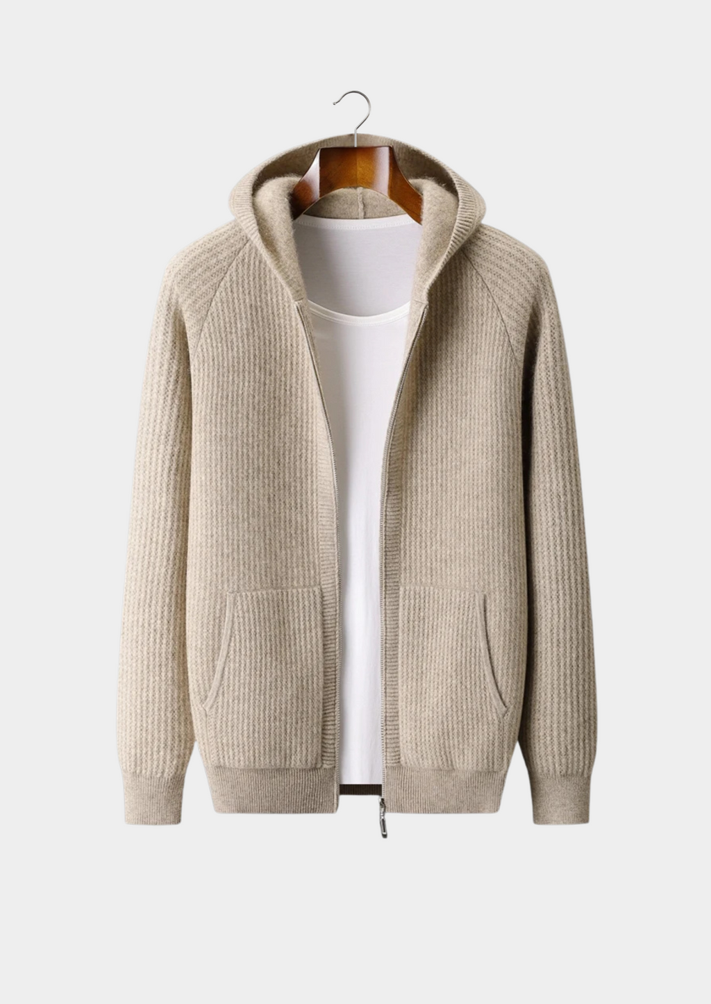 PURE EXTRA-FINE MERINO WOOL RIBBED ZIPPER HOODIE