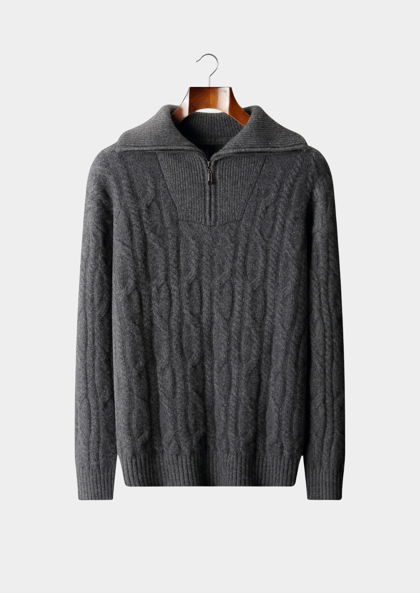 PURE CASHMERE DARK GRAY CABLE HALF ZIP SWEATER