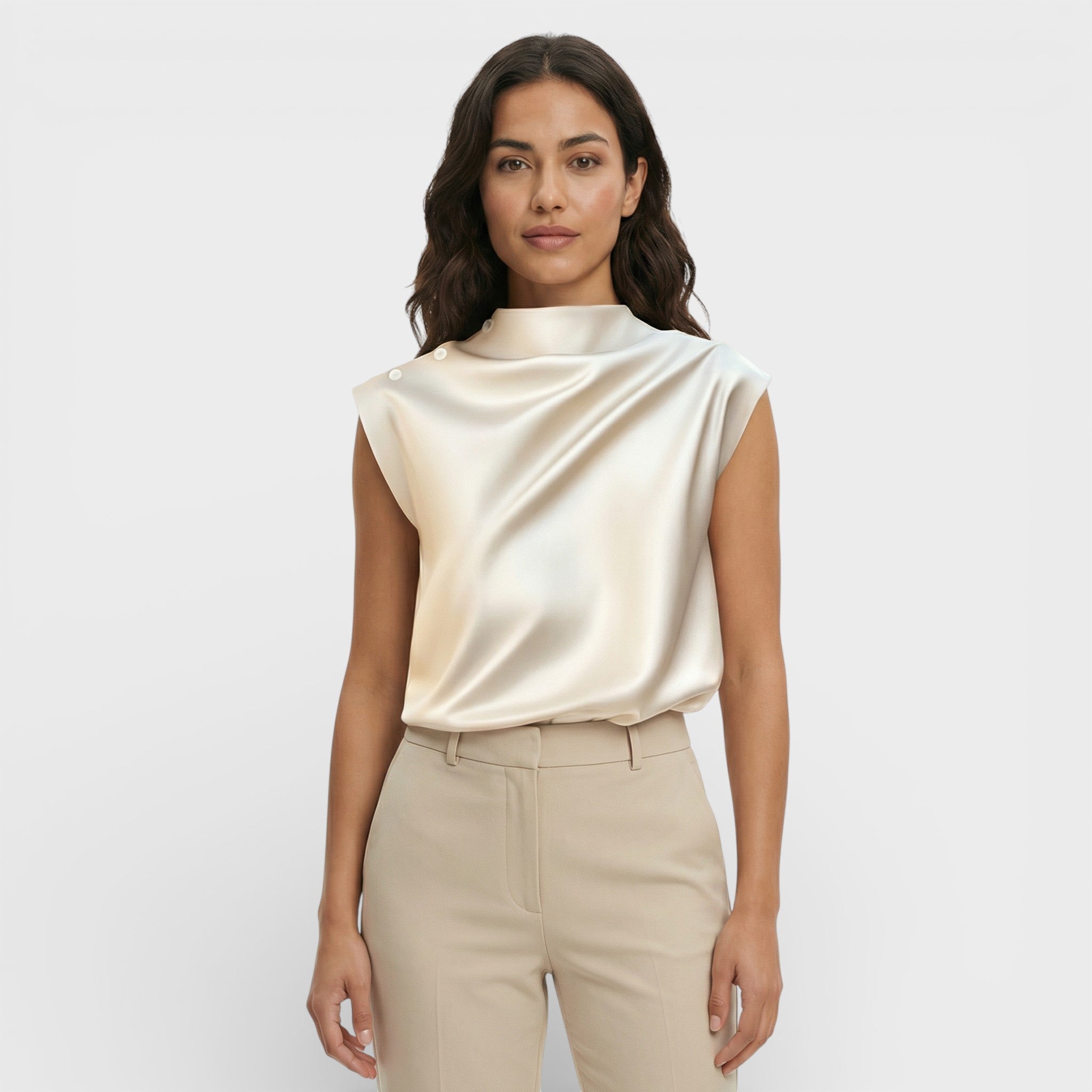 Iris | Blusa Satén Drapeada Cuello Mao
